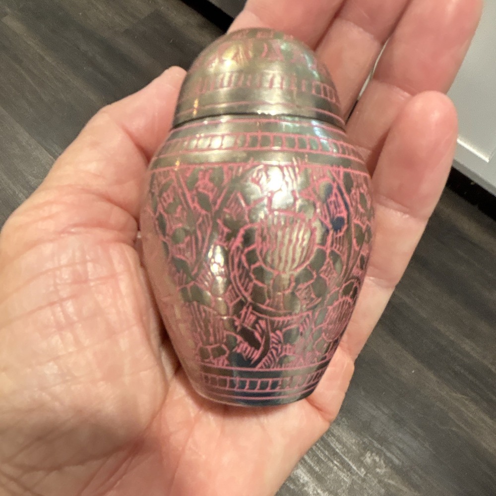 Pink & Silver Brass Terry Bear Keepsake Pet Urn or Jar, Engraved Floral Design